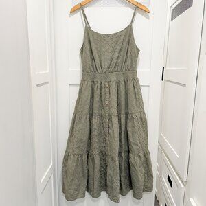 SOLD Olive Midi Dress Eyelet 100% Cotton Natural Boho Cottagecore Sundress